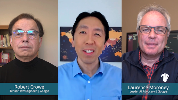 Pictures of Robert Crowe, Andrew Ng and Laurence Moroney (from left to right)