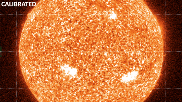 The Sun through a space telescope with a calibrated and uncalibrated focus.