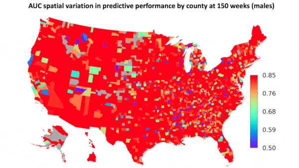 US map AUC spatial variation in predictive performance by country at 150 weeks (males) 