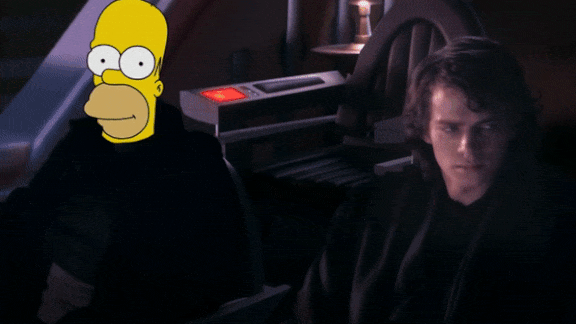 Homer Simpson talking to Anakin Skywalker in a clip from Star Wars: The Phantom Menace.