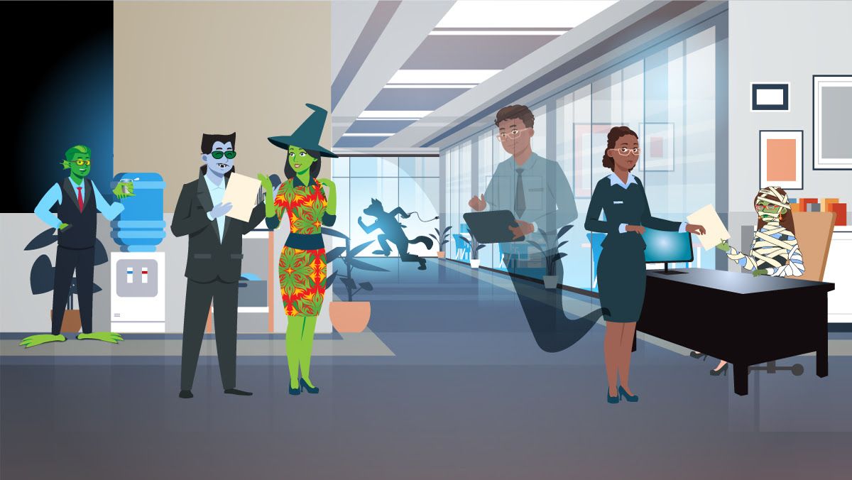 Office with coworkers transformed into mythical creatures like vampires, ghosts and werewolves 