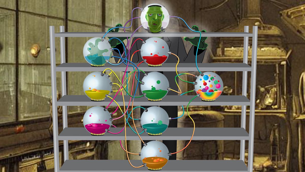 Illustration of Frankenstein connected to many chemical elements inside of a lab