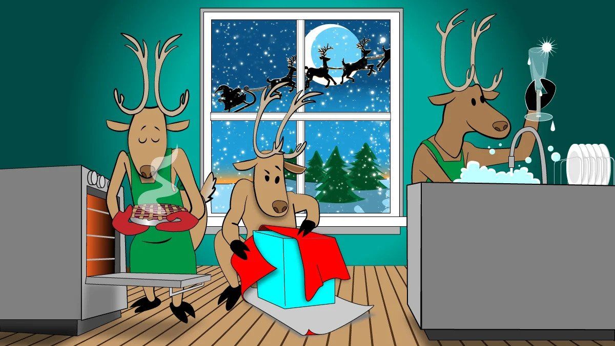 Illustration of three deers doing holiday household chores: washing a champagne flute, cooking pie and wrapping a gift