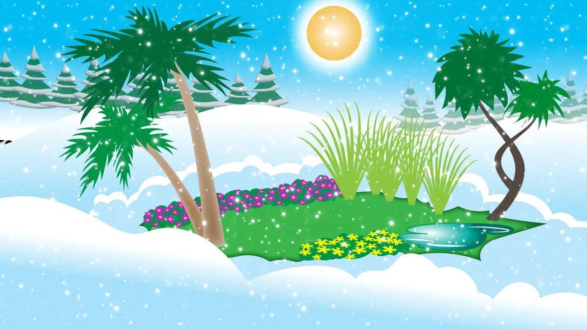 Illustration of an oasis in the middle of a field covered in snow