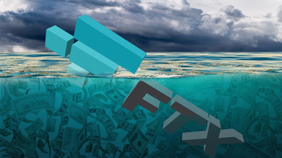 FTX logo drowning in a sea full of dollars