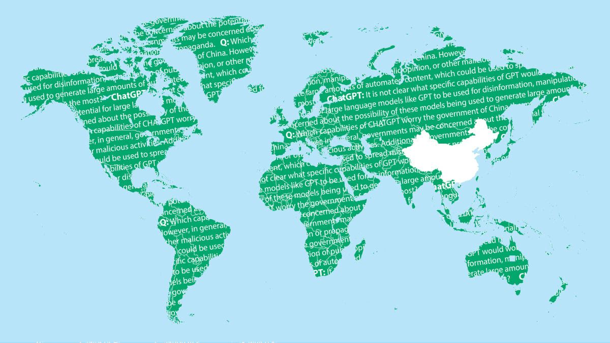 World map with all countries covered in words except China