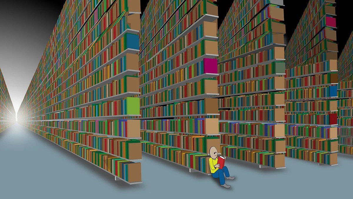 Person sitting on the floor and reading a book in a giant library 