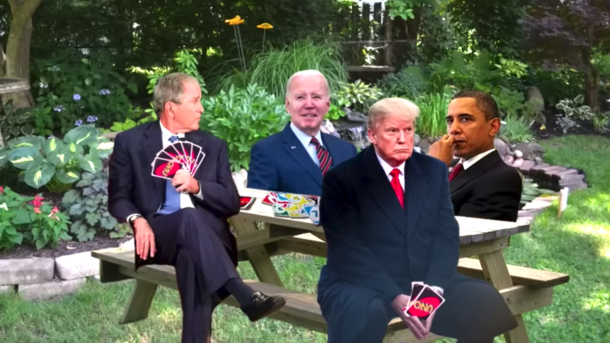Photoshopped picture of George Bush, Joe Biden, Donald Trump and Barack Obama playing UNO