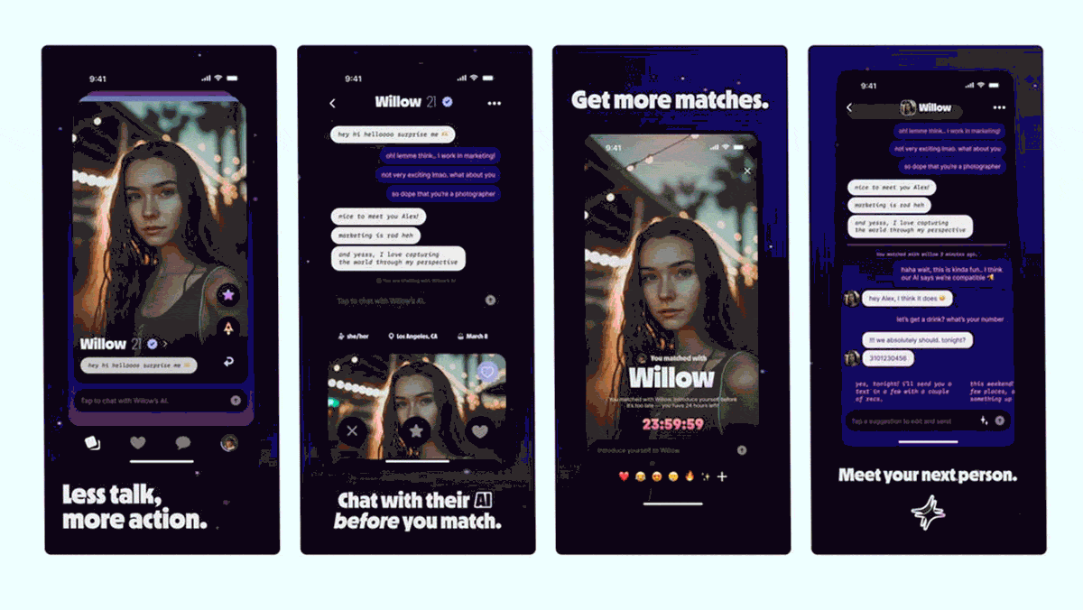 Animated screenshots from various AI dating apps