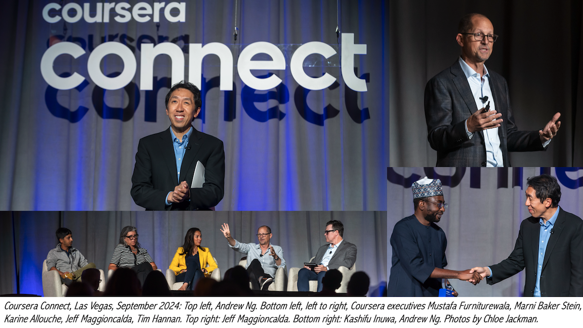 Coursera Connect event in Las Vegas, September 2024, featuring Andrew Ng and Coursera executives during panel discussions and presentations.