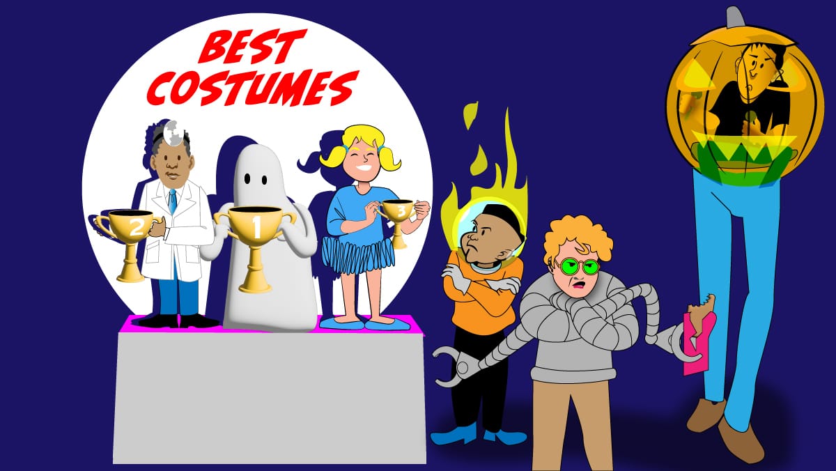 Cartoon characters in costume contest: ghost wins 1st, mad scientist 2nd, hula girl 3rd