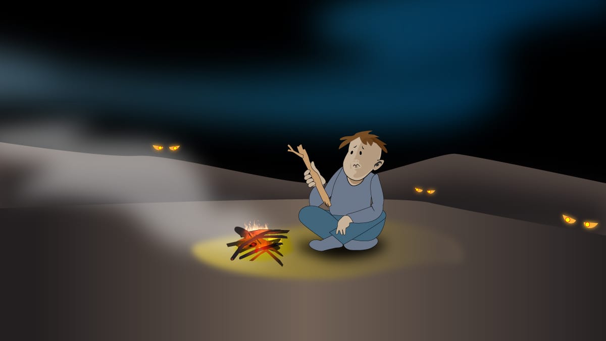 Person sitting by a campfire holding a stick, looking worried in a dark setting.