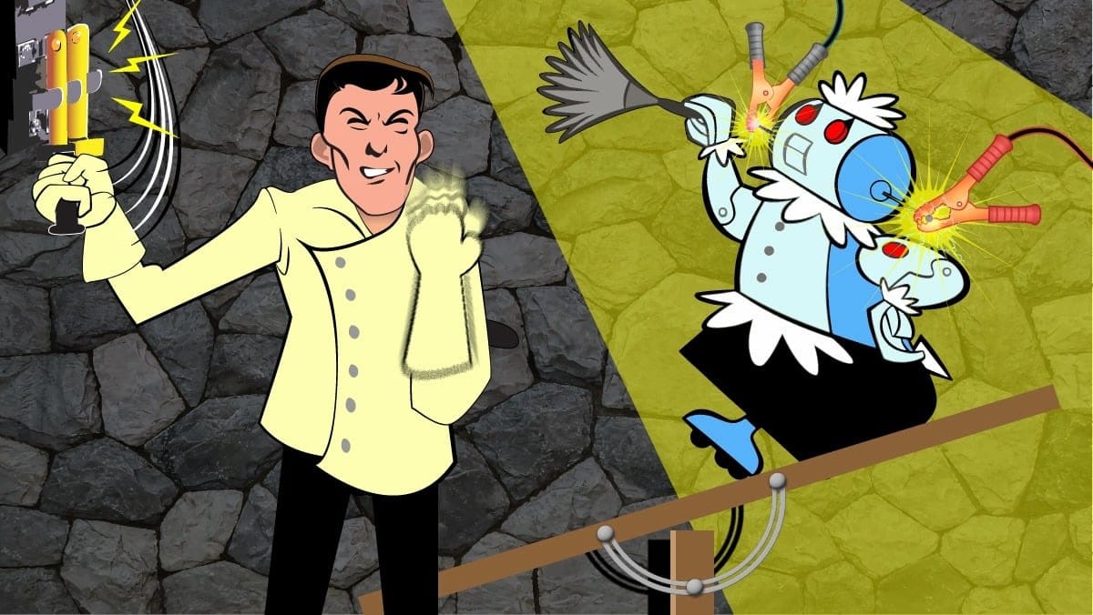 Man pulls lever to electrify a robot maid holding cleaning tools, cartoon-style.