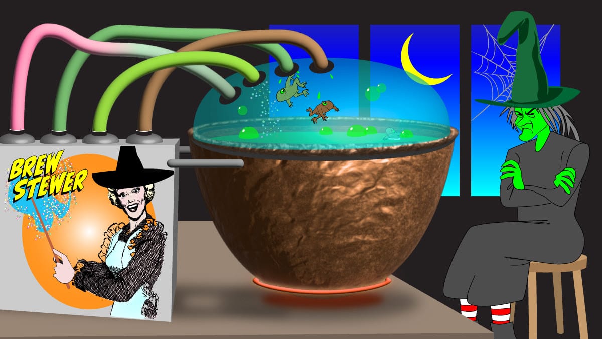 Witch watching a bubbling cauldron connected to colorful tubes labeled ‘Brew Stewer’ under a night sky.