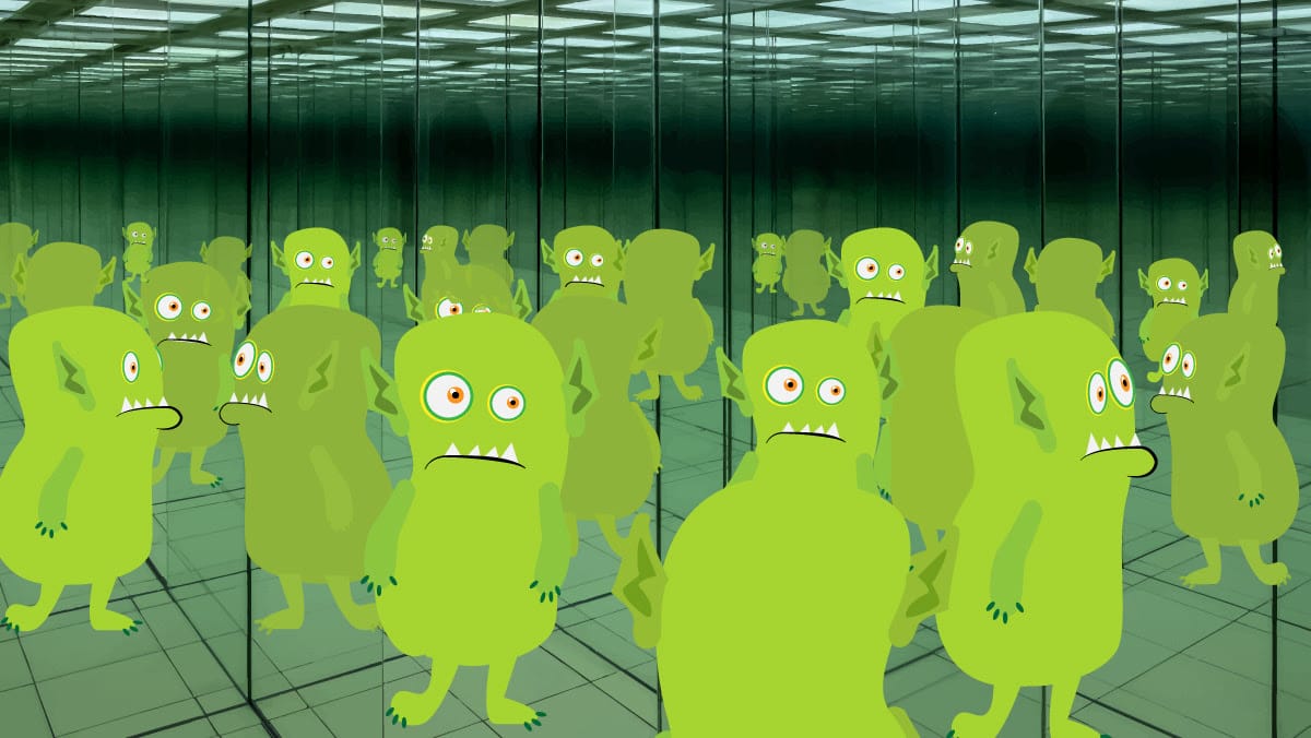 Green creatures with confused expressions surrounded by mirrors creating infinite reflections.