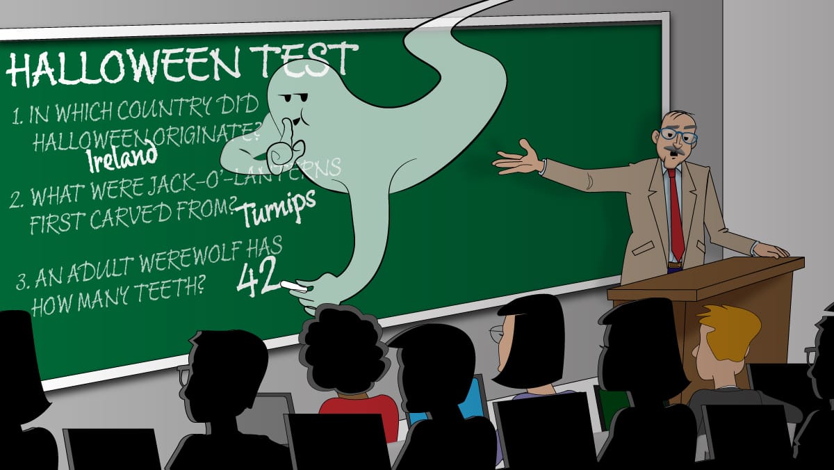 Cartoon of a ghost helping a professor answer Halloween trivia questions on a chalkboard, with students watching.