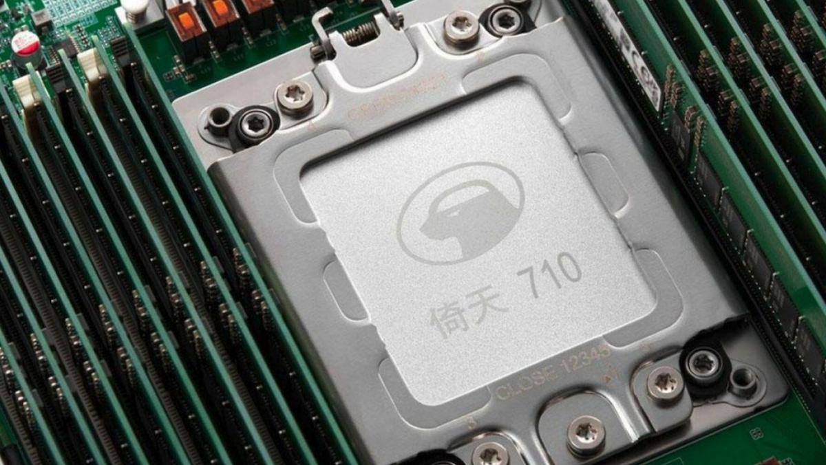 Close-up of a Chinese-made server chip labeled with the logo and text ‘710’ mounted on a motherboard.