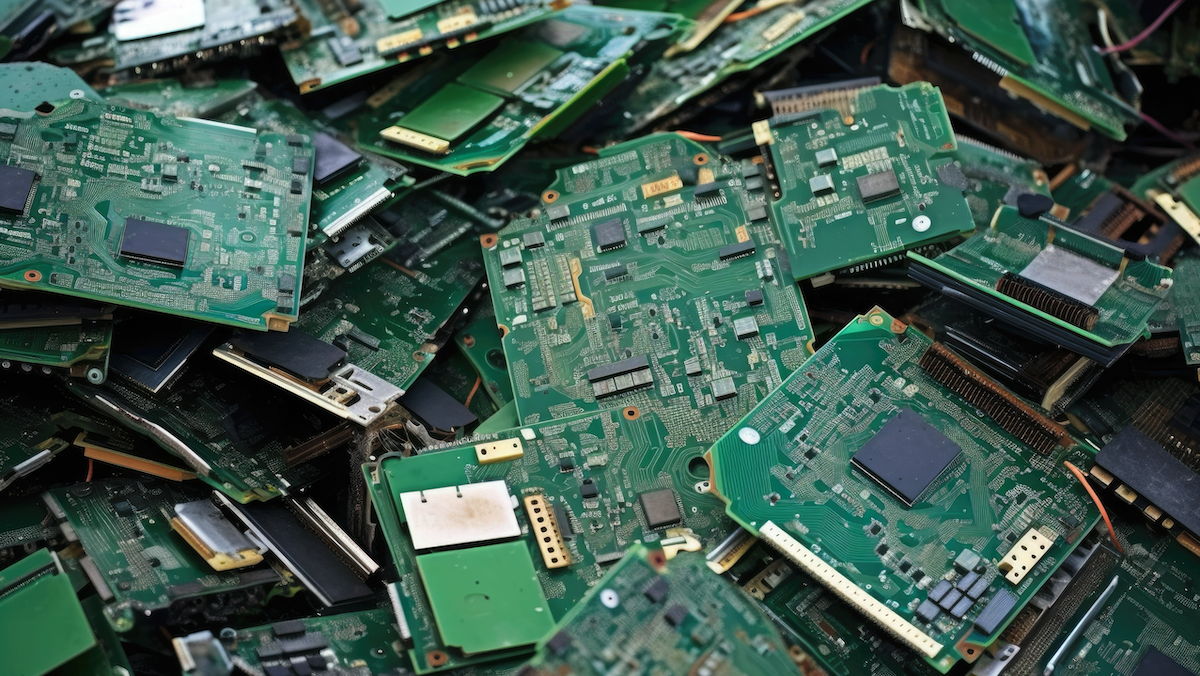 Pile of discarded green circuit boards from electronic devices.