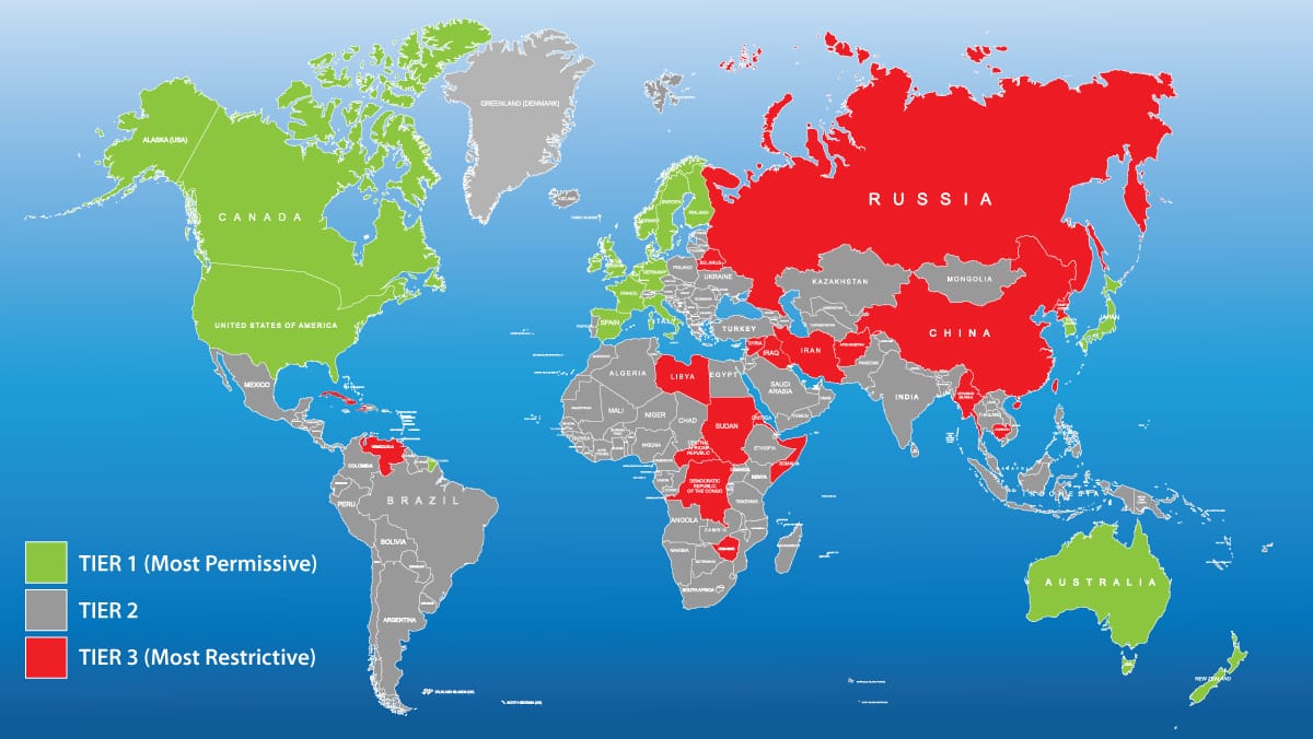 World map of AI export restrictions: Tier 1 (green), Tier 2 (gray), Tier 3 (red).