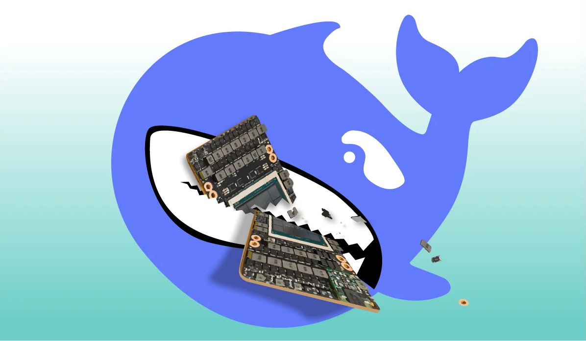 Blue whale logo biting and breaking a computer chip, with debris flying.