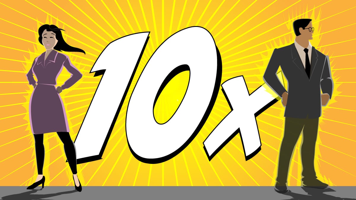 Comic-style illustration of a confident woman and man standing beside bold ‘10X’ text on a bright background.