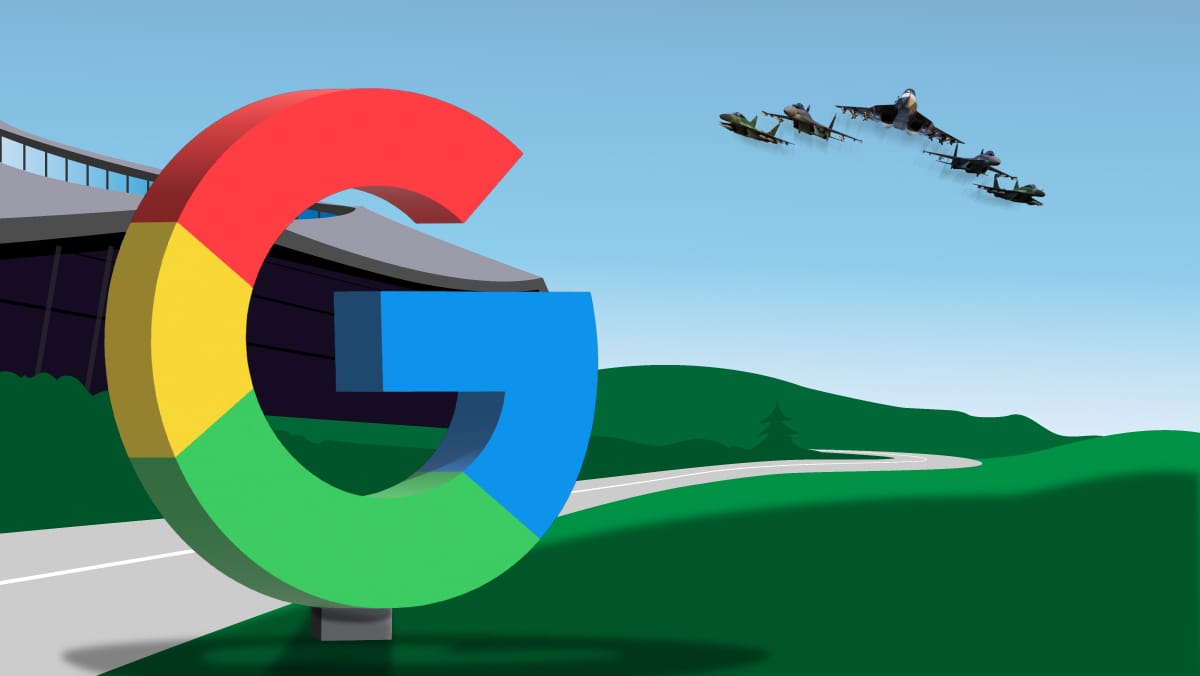 Illustration of the Google logo near a futuristic facility with fighter jets flying overhead.