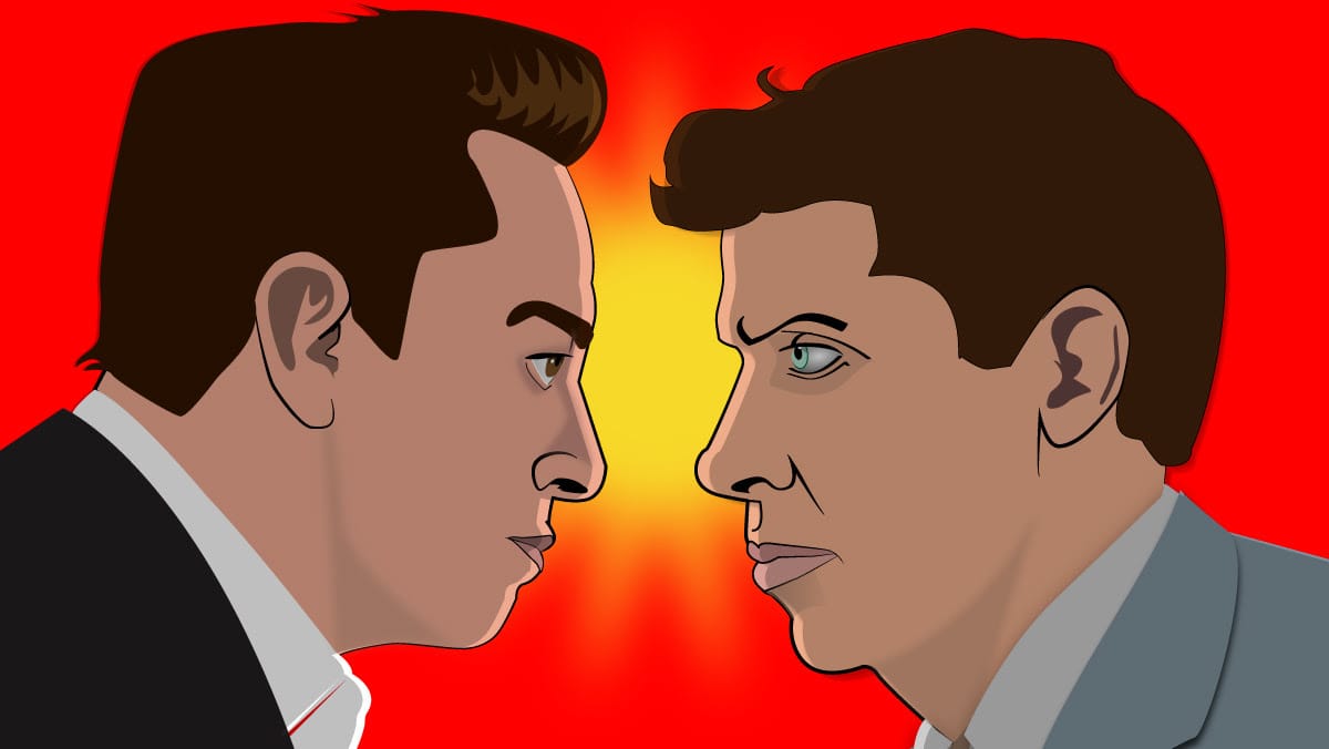 Illustration of two men staring intensely at each other against a red and yellow background, symbolizing rivalry.