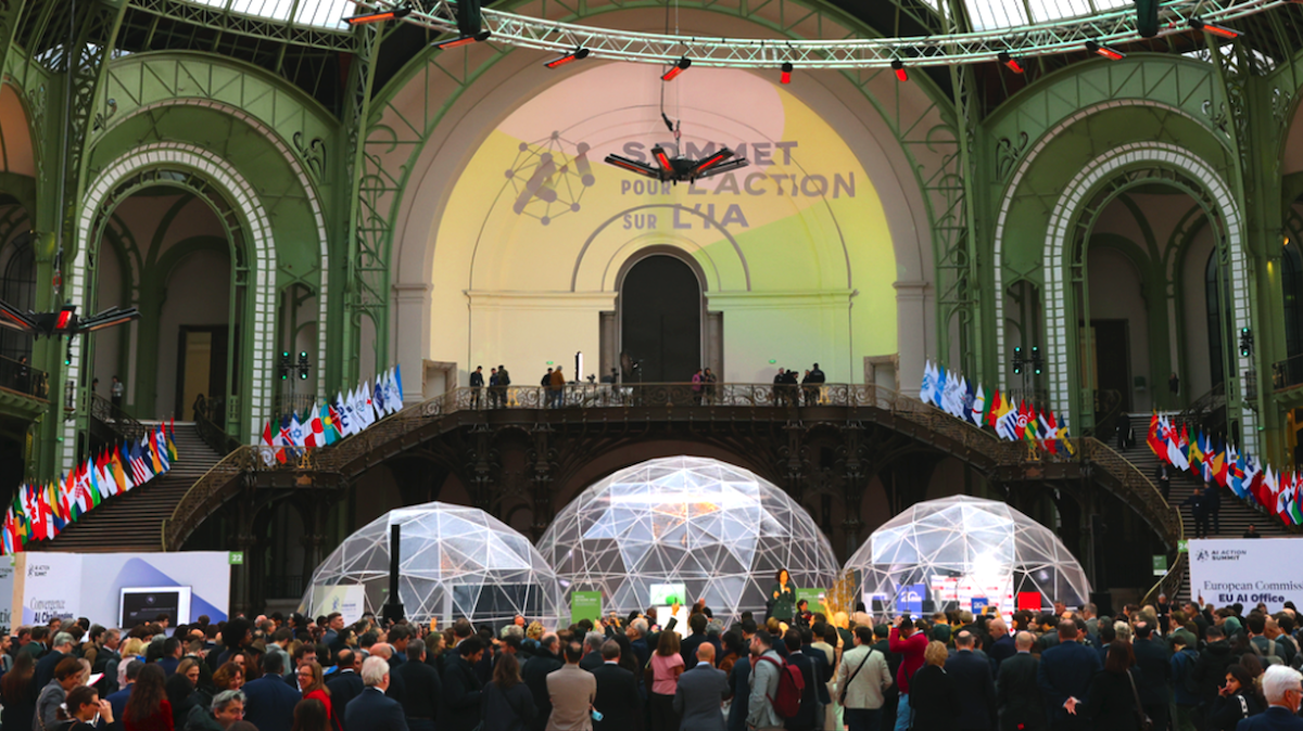 AI Action Summit in a grand hall with domes, flags, and a crowd attending the event.