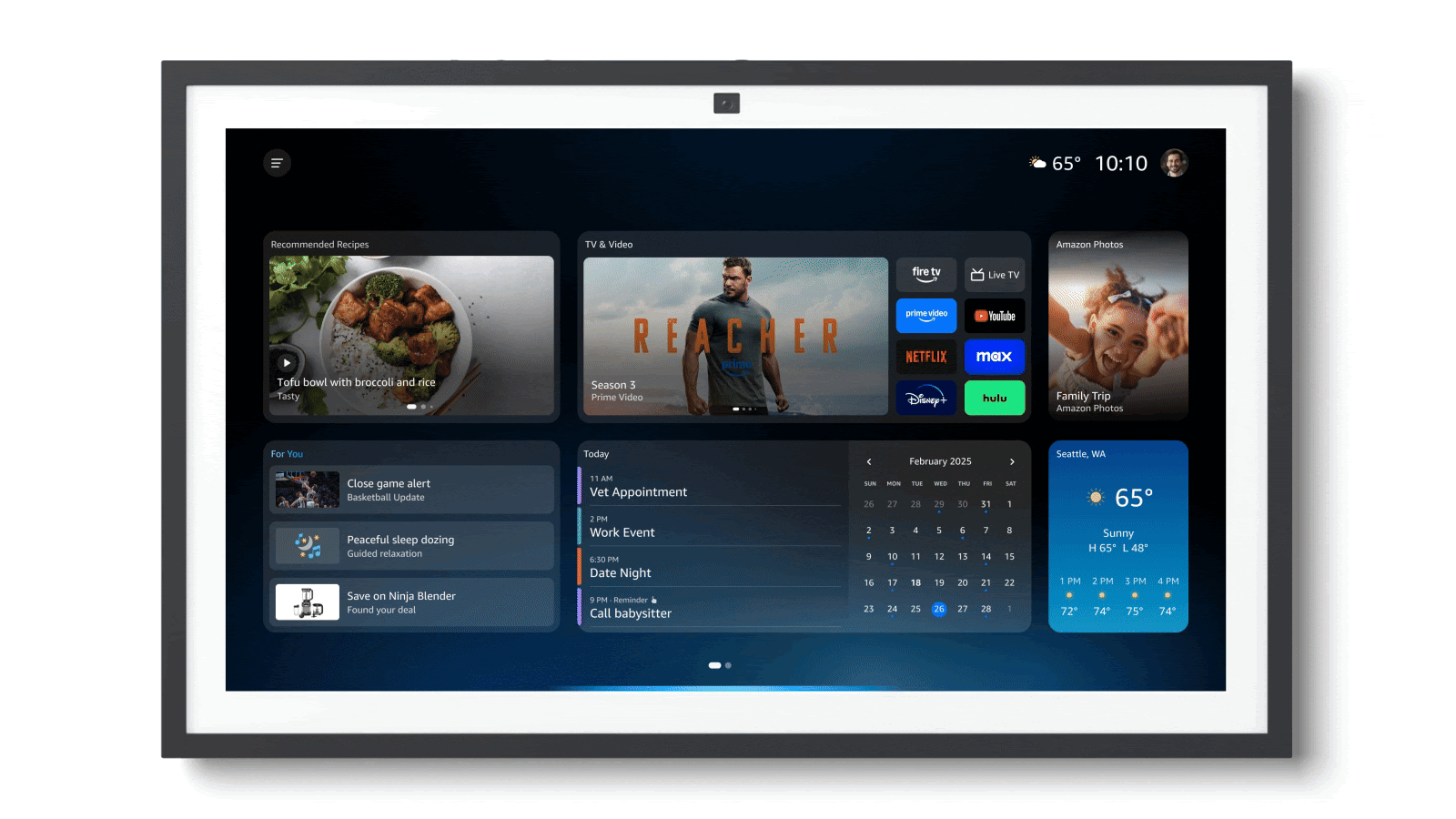 Amazon smart display featuring widgets for recommended recipes, calendar, weather, daily events, and streaming services like Prime Video, Netflix, and Disney+.