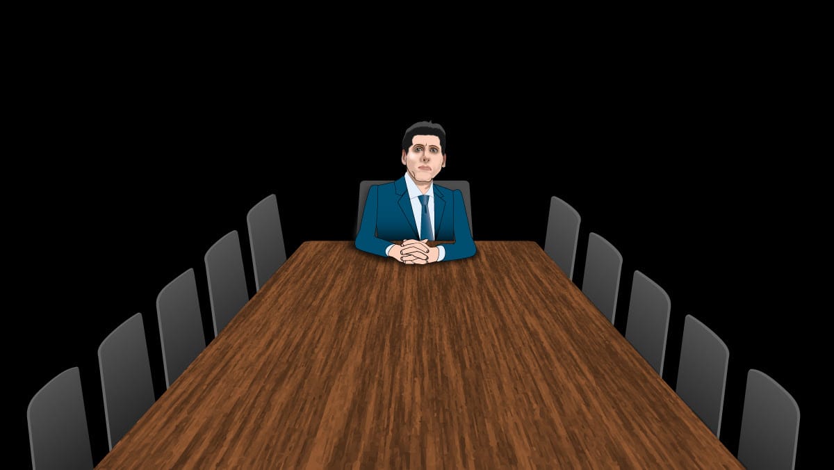 Illustration of a businessman in a blue suit sitting alone at the head of a long boardroom table with black chairs.