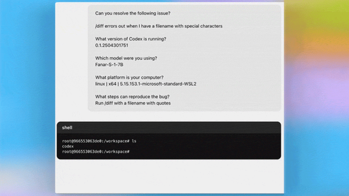 Chat interface discussing code error with special character filenames. Terminal shows Unix commands for troubleshooting.