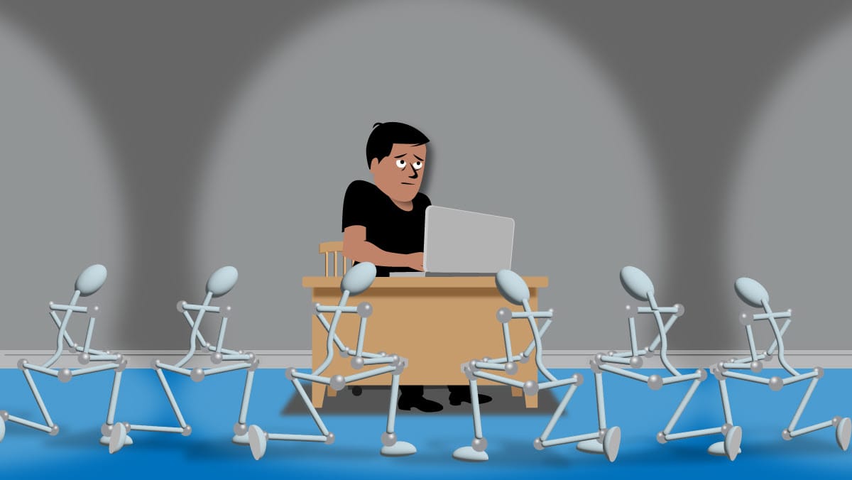 Man at desk surrounded by robots in dark room, highlighting isolation in AI-driven workplace.