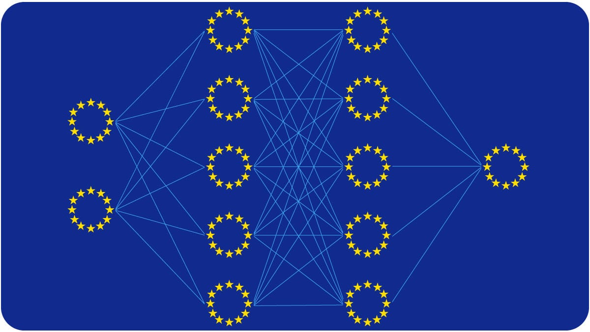 Neural network diagram using EU flag stars to represent nodes in input, hidden, and output layers on a blue background.