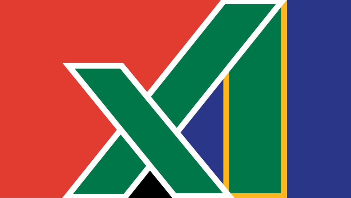 Colorful abstract geometric pattern with intersecting green 'X' and diagonal shapes on red, blue, and orange backgrounds, reminiscent of the South African flag