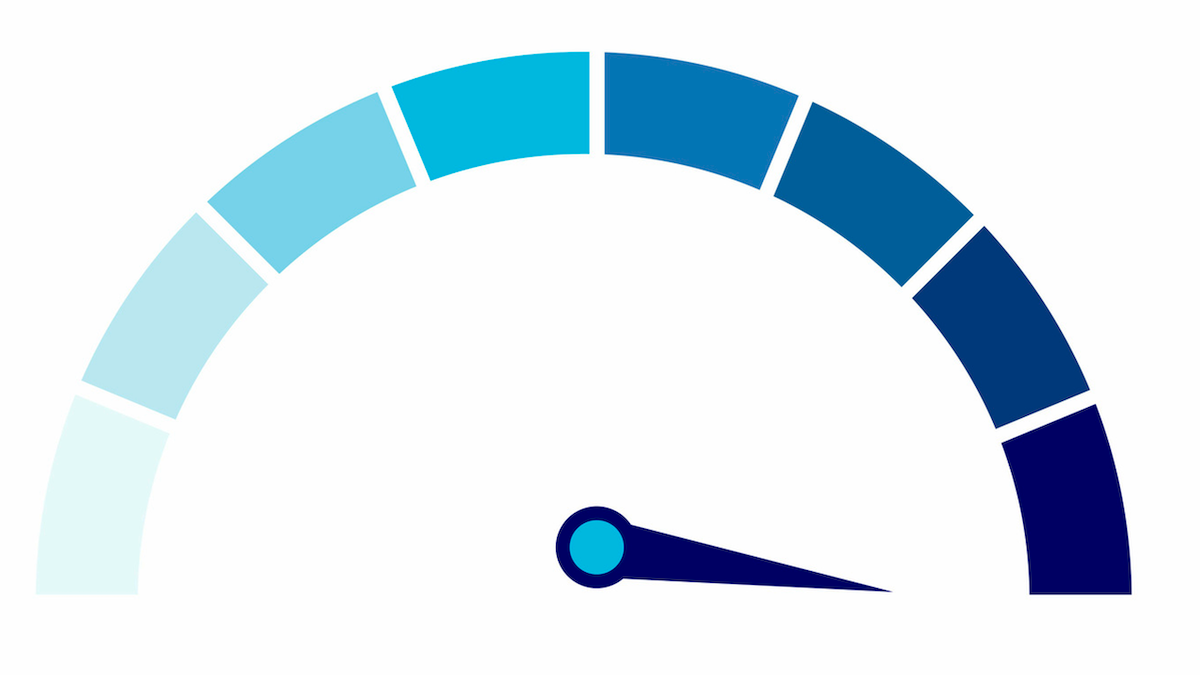 Blue performance gauge with needle pointing to maximum, indicating high level or peak performance.